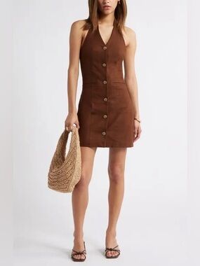 NWT OPEN EDIT Dress  Brown Size 2XS
Halter Linen Blend Minidress Brown Soil
